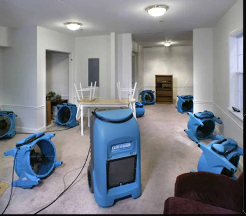 Air movers and dehumidifier setup for Water Damage Restoration in South Burlington